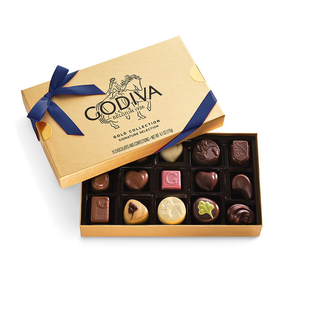 Assorted Chocolate Gold Gift Box, Navy Ribbon, 15pc.