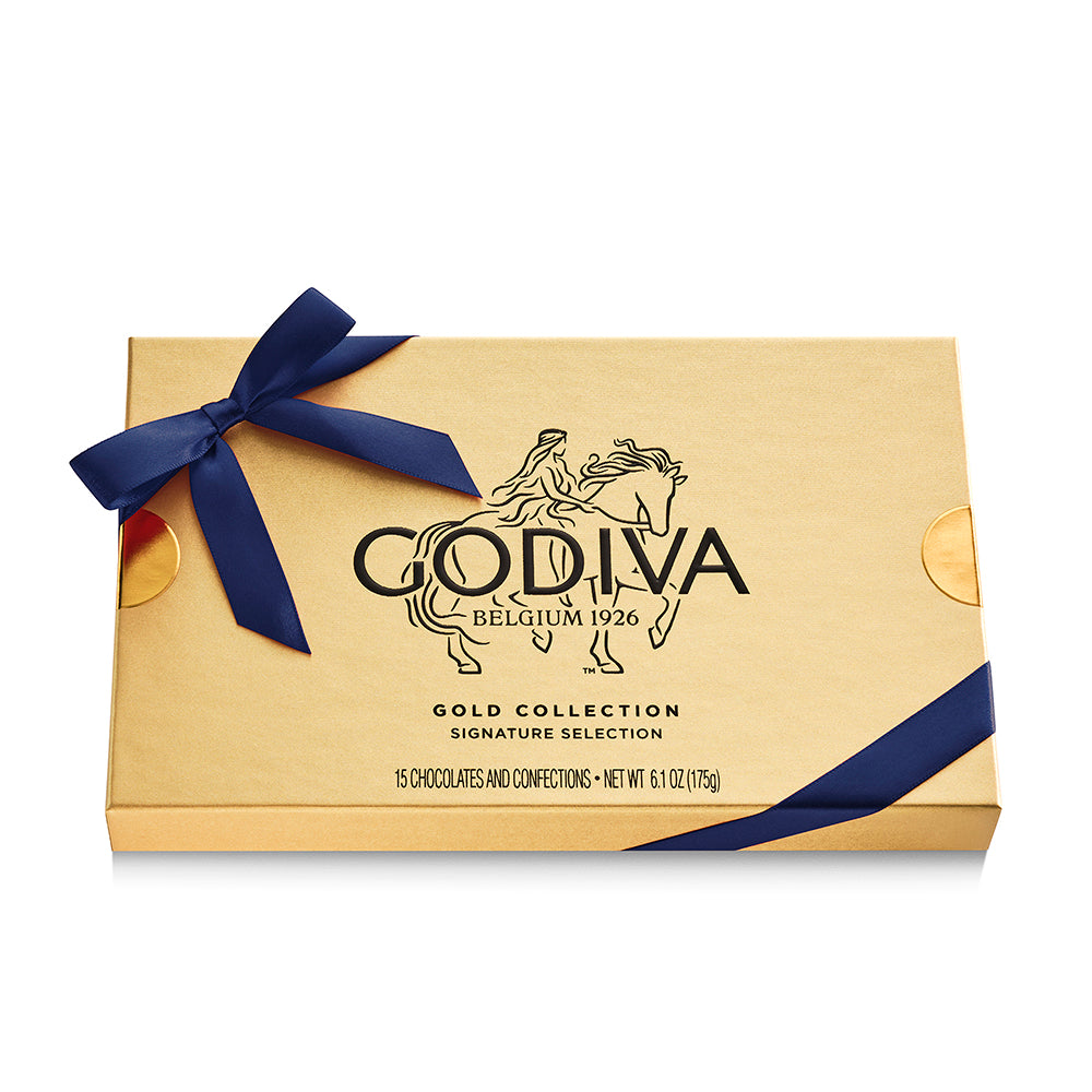 Assorted Chocolate Gold Gift Box, Navy Ribbon, 15pc.
