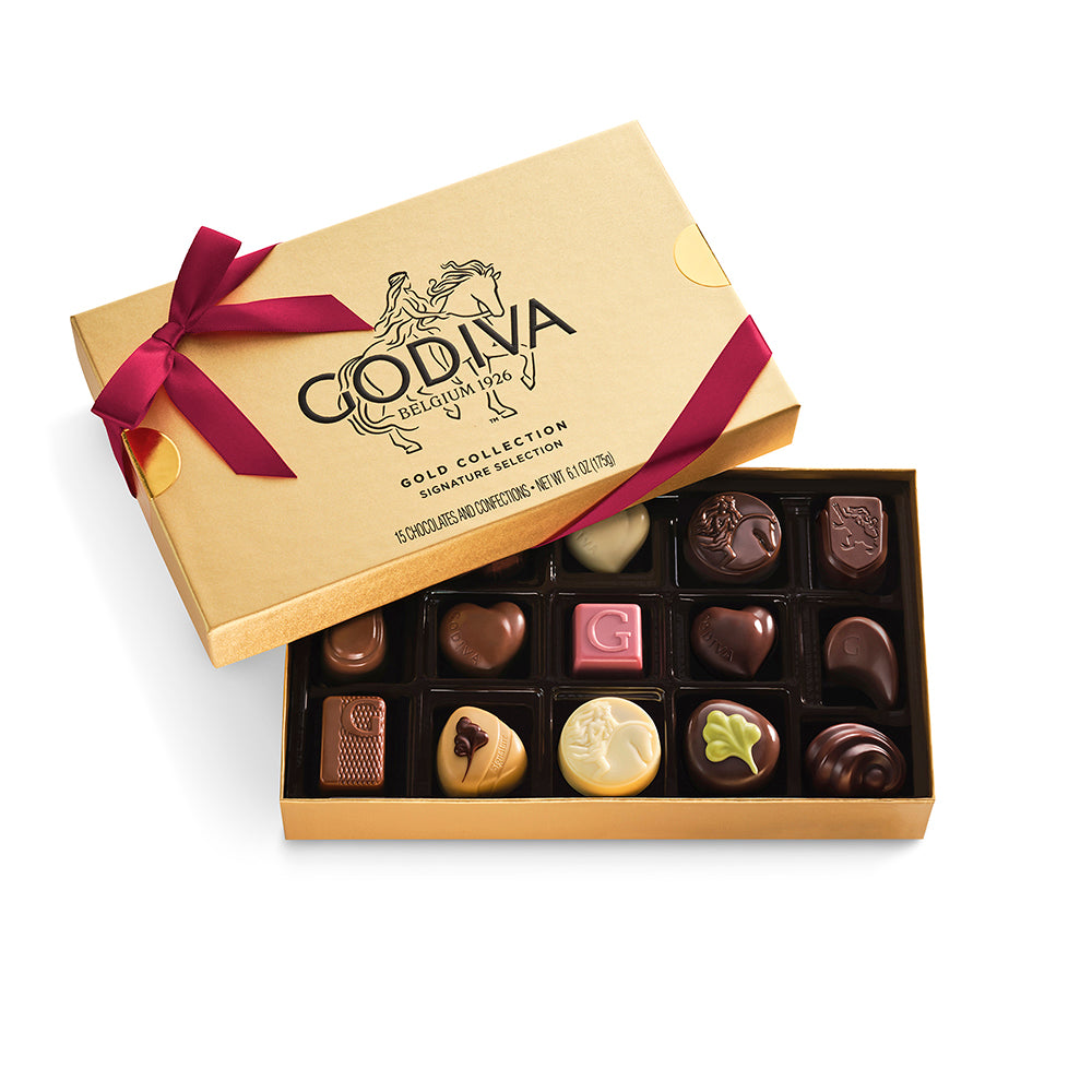 Assorted Chocolate Gold Gift Box, Wine Ribbon, 15pc.