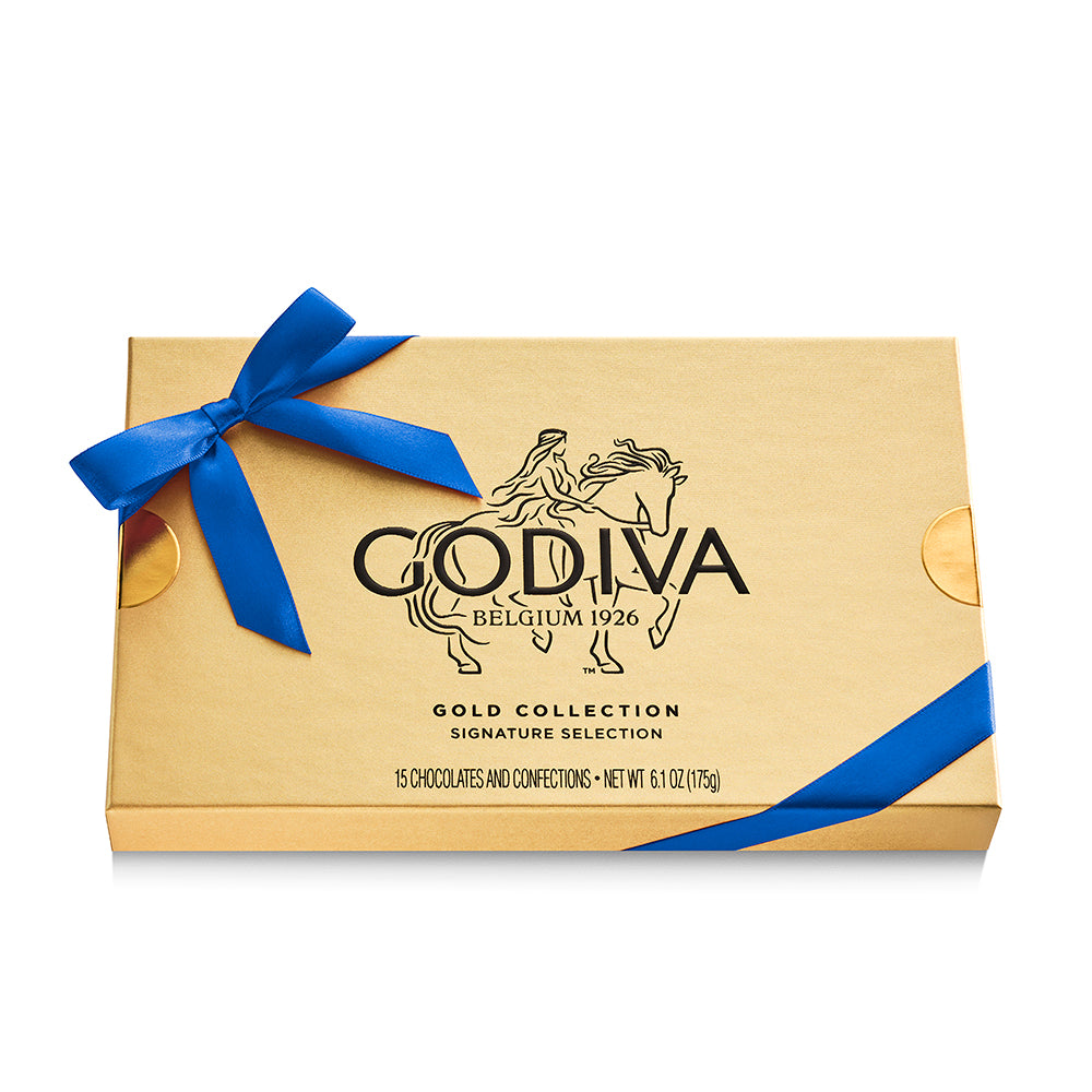 Assorted Chocolate Gold Gift Box, Blue Ribbon, 15pc.