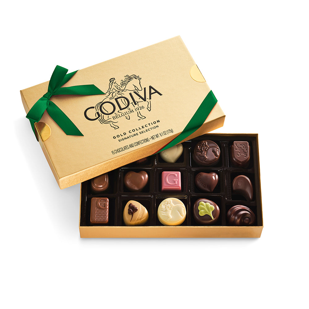 Assorted Chocolate Gold Gift Box, Green Ribbon, 15pc.