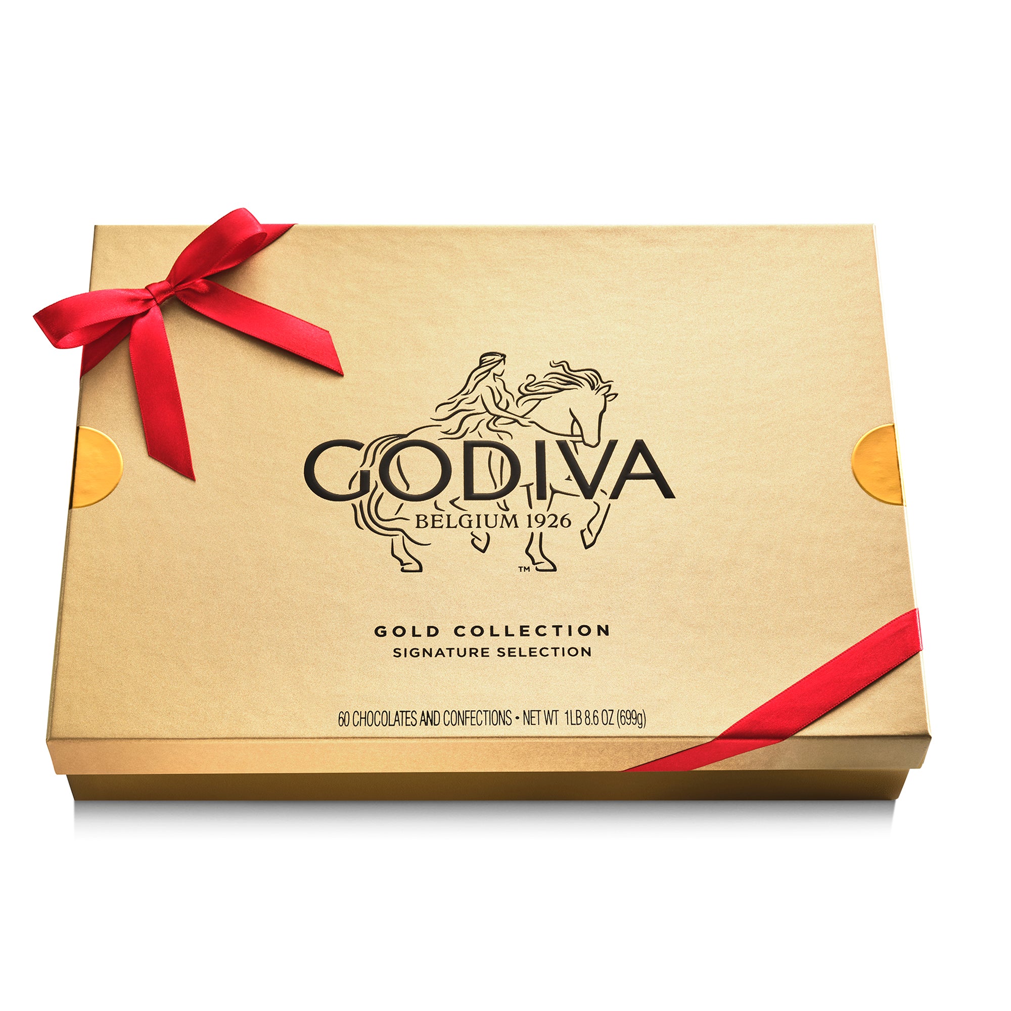 Assorted Chocolate Gold Gift Box, Red Ribbon, 60pc.