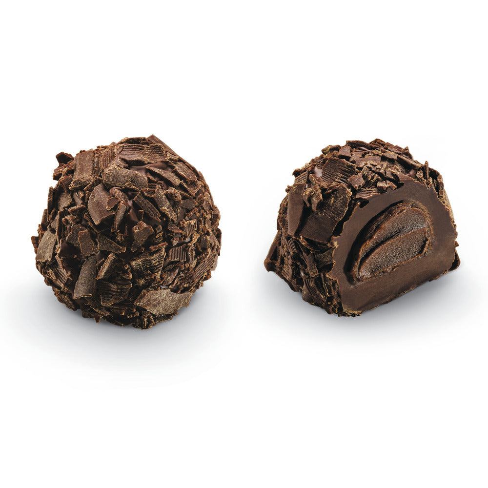Two Godiva chocolate truffles on a white background