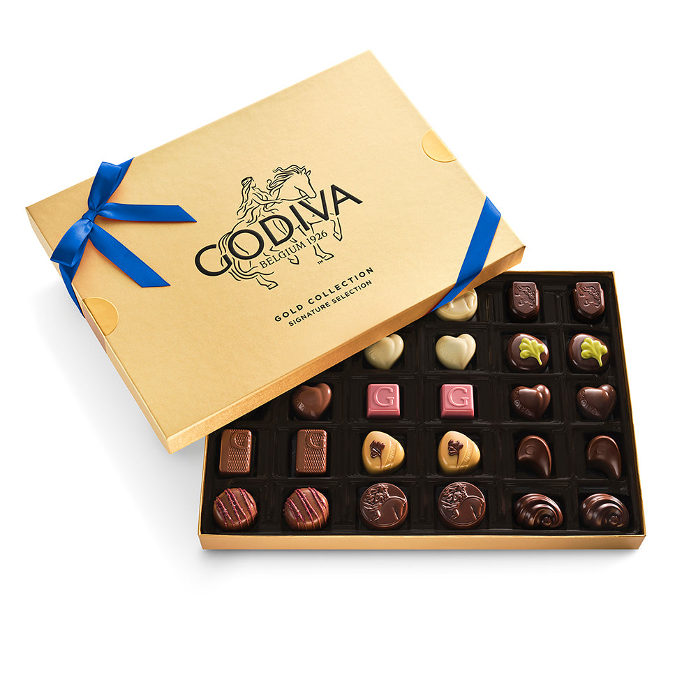Assorted Chocolate Gold Gift Box, Blue Ribbon, 30pc.
