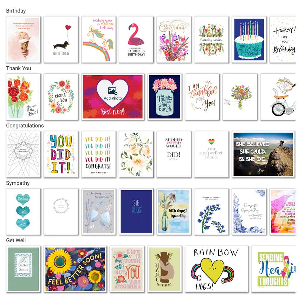 Collection of various greeting cards with different designs and messages.