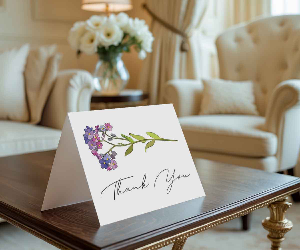 Greeting card with floral design and 'Thank You' text on a table in a living room.