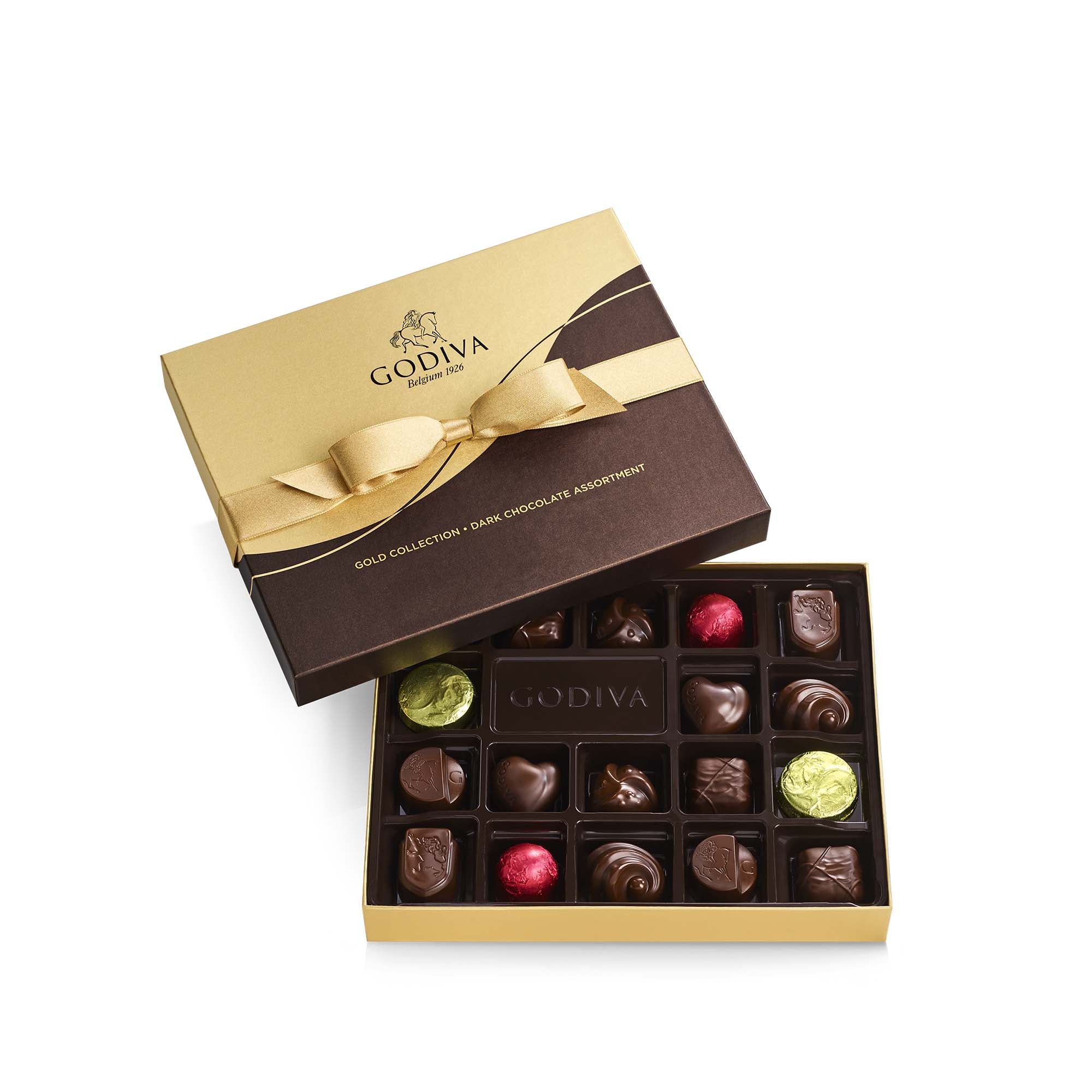 Dark Chocolate Gift Box, Gold Ribbon, 18 pc.