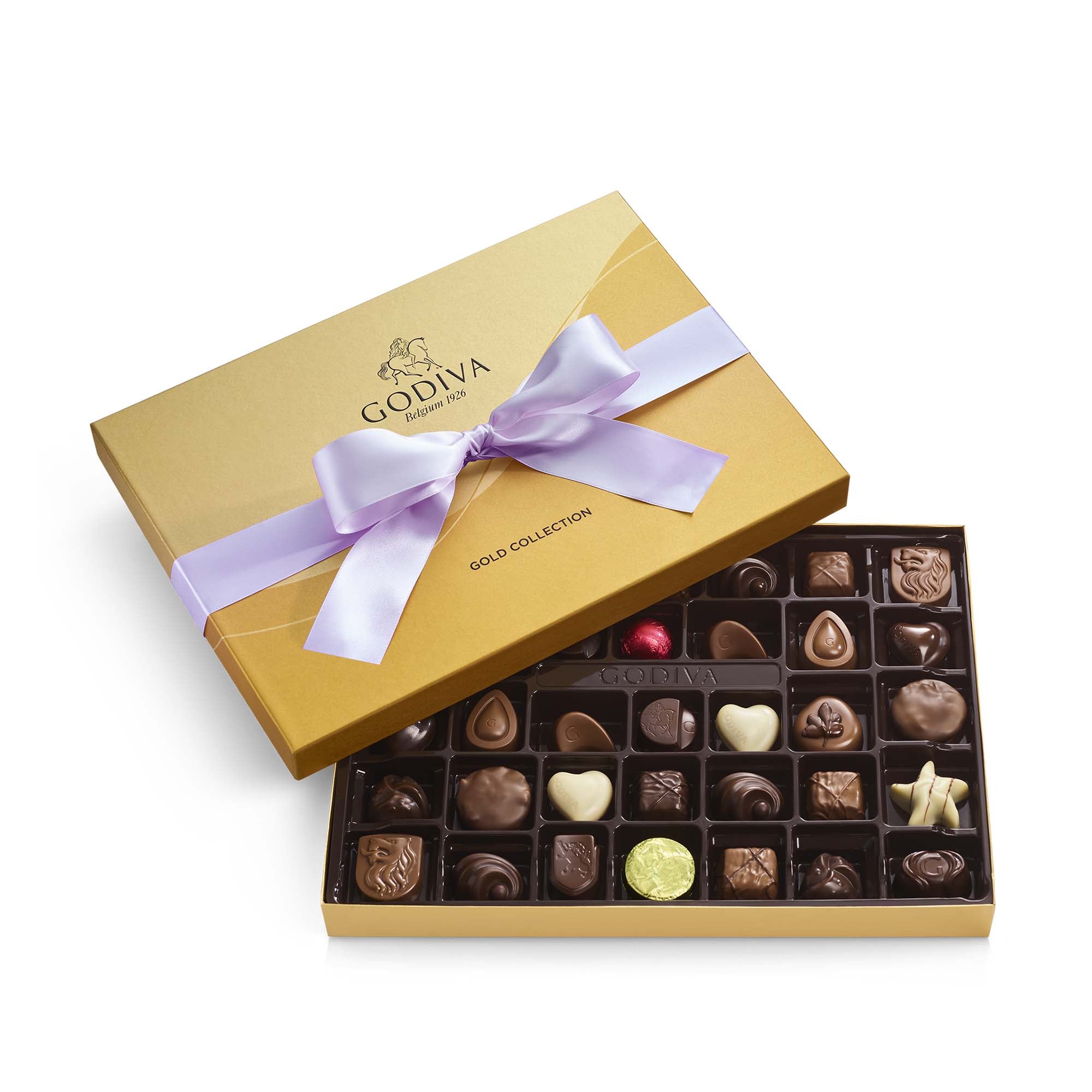 Assorted Chocolate Gold Gift Box, Orchid Ribbon, 36 pc.