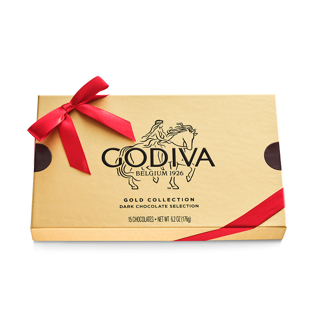Dark Chocolate Gold Gift Box, Red Ribbon, 15pc.