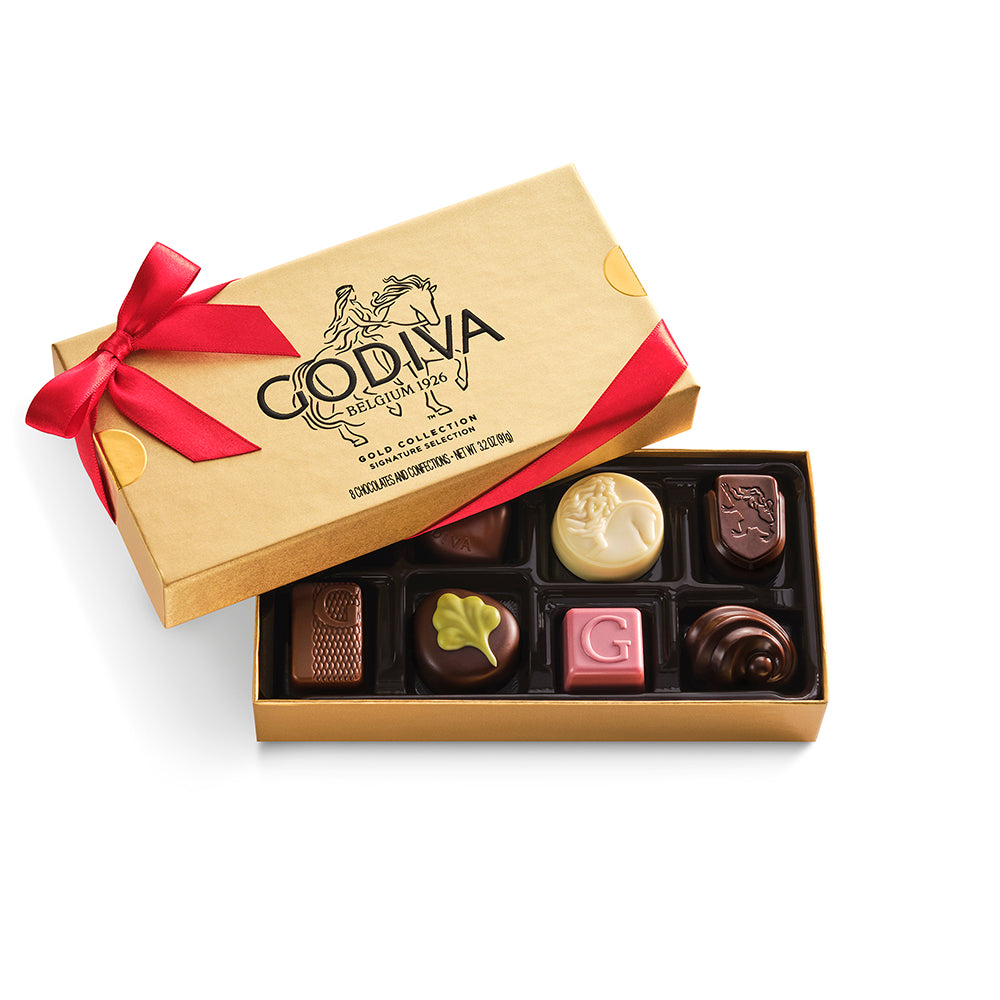 Assorted Chocolate Gold Gift Box, Red Ribbon, 8pc.