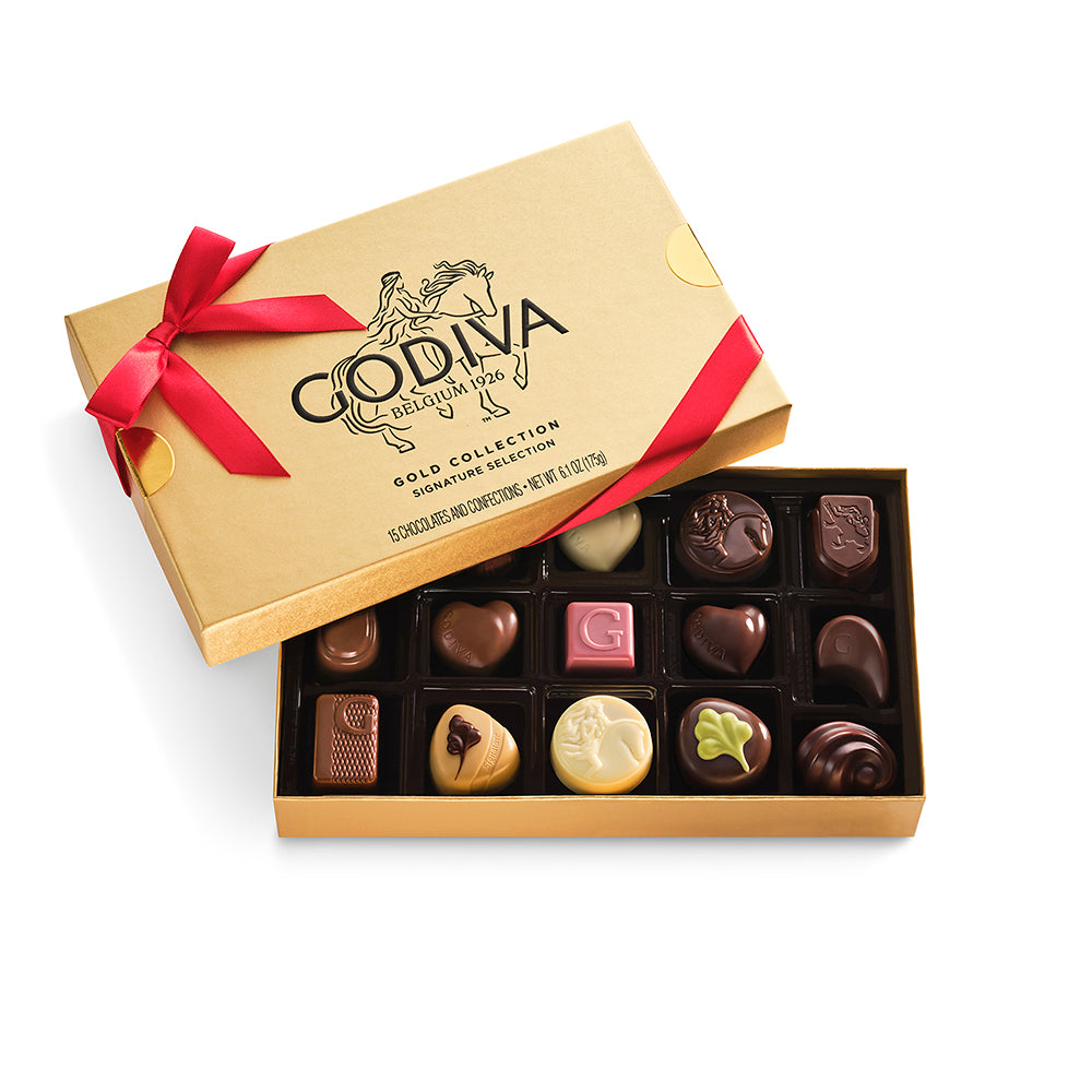 Assorted Chocolate Gold Gift Box, Red Ribbon, 15pc.