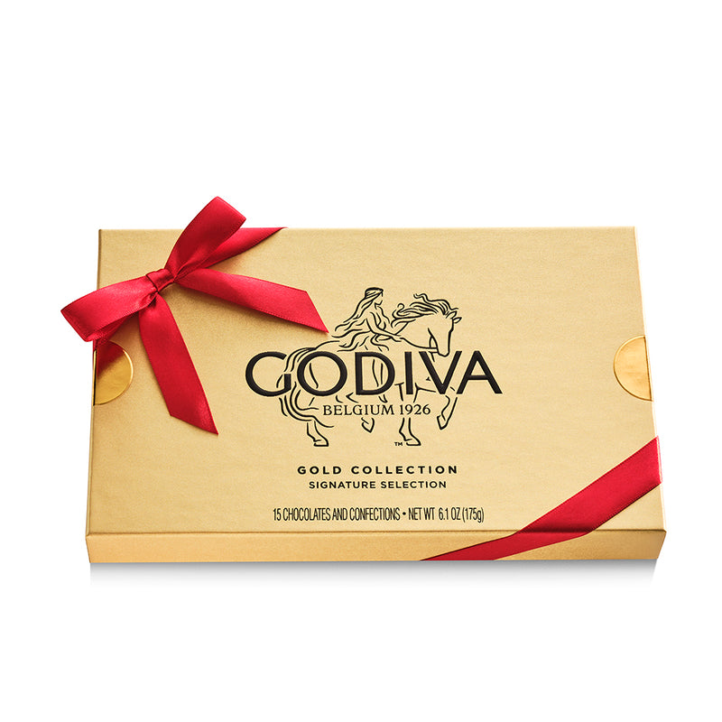 Assorted Chocolate Gold Gift Box, Red Ribbon, 15pc.
