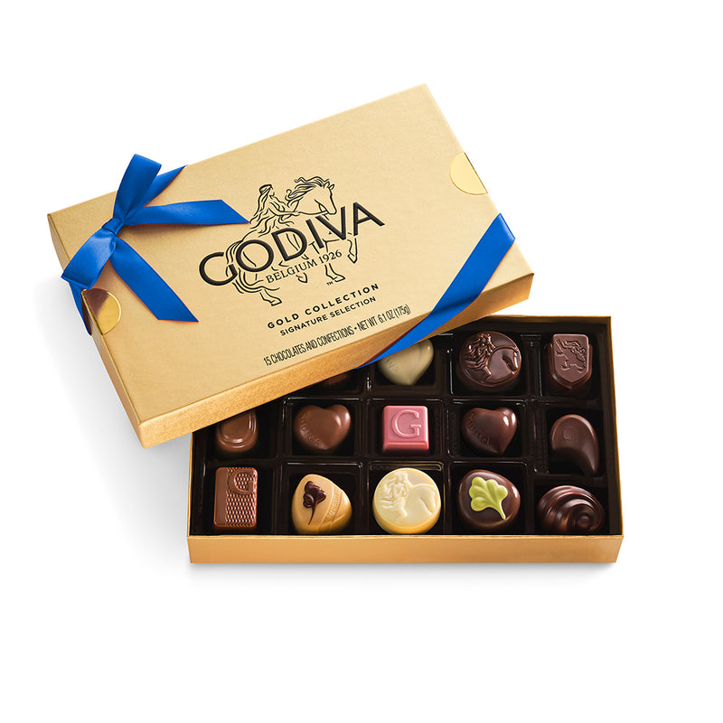 Assorted Chocolate Gold Gift Box, Blue Ribbon, 15pc.