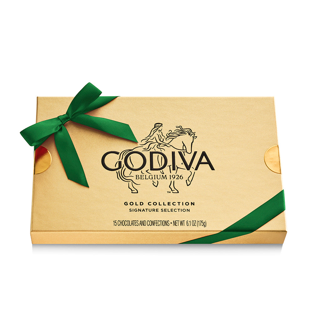 Assorted Chocolate Gold Gift Box, Green Ribbon, 15pc.