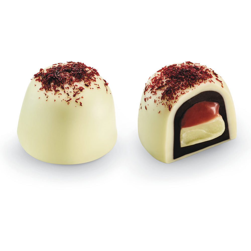 Two Godiva chocolates on a white background